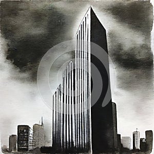 Watercolor of Dark skyscraper front with menacing appearance on a black