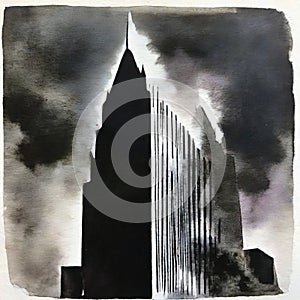 Watercolor of Dark skyscraper front with menacing appearance on a black