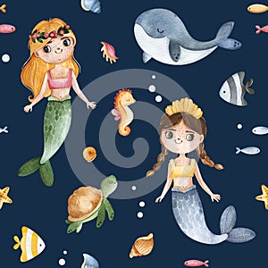 Watercolor dark texture with cute underwater animals,mermaids and shells.Seamless background.