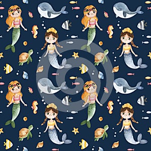 Watercolor dark texture with cute underwater animals,mermaids and shells.Seamless background.