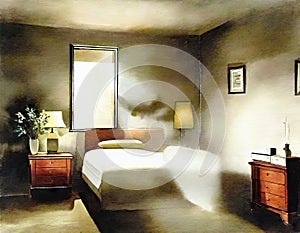 Watercolor of a darkened bedroom with air purifier unit