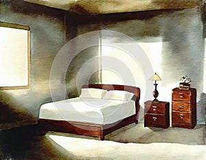 Watercolor of a darkened bedroom with air purifier unit