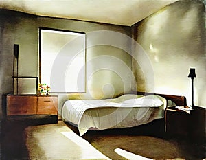 Watercolor of a darkened bedroom with air purifier unit