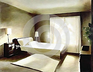 Watercolor of a darkened bedroom with air purifier unit