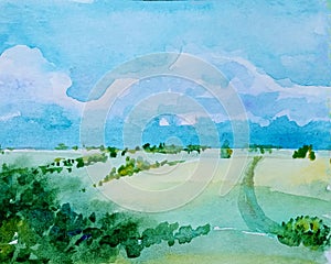 Watercolor daytime rural landscape with green meadows, footpath and hill with forest