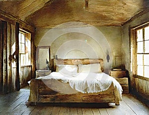 Watercolor of decor rustic bedroom interior design