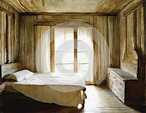 Watercolor of decor rustic bedroom interior design