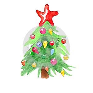Watercolor decorated Christmas tree isolated on white background