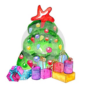 Watercolor decorated Christmas tree with presents