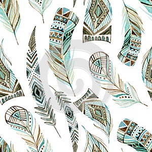 Watercolor decorated tribal feathers seamless pattern