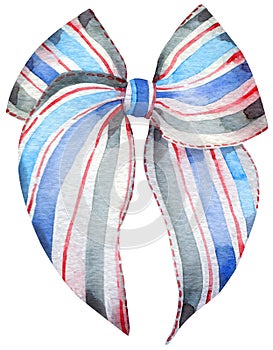 Watercolor decoration striped red and blue bow. Hand-drawn illustration. Ribbon bow