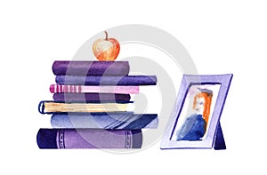 Watercolor decorative elements back to school. Photo frame with picture of girl in graduate uniform and pile of stacked books with