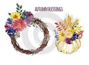 Watercolor decorative fall wreath and pumpkin with flowers bouquet, isolated. Vintage rustic style
