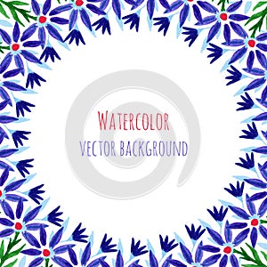 Watercolor decorative round frame with violet flowers. Floral holiday background. Vector template