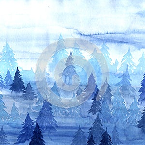 Watercolor decorative textured blue fog forest