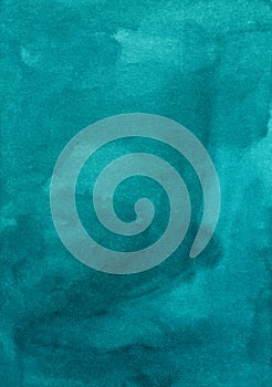 Watercolor deep sea green background texture. Aquarelle abstract turquoise backdrop.  Blue-green stains on paper