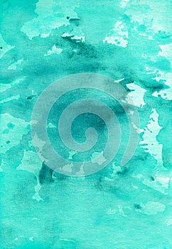Watercolor deep turquoise splash background texture. Sea green liquid backdrop. Artistic watercolour overlay. Stains on paper