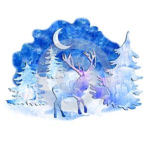 Watercolor deer in forest at night on free light blue paint designs abstract background. Hand drawn Merry Christmas symbol, Santa