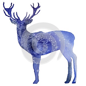 Watercolor deer snow shilouette  isolated