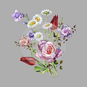 Watercolor delicate bouquet. Hand painted flowers pattern on a gray background.