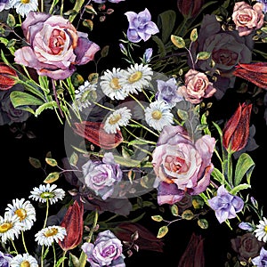 Watercolor delicate bouquet. Hand painted flowers seamless pattern on a black background.