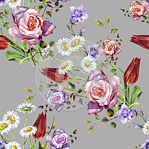 Watercolor delicate bouquet. Hand painted flowers seamless pattern on a gray background.