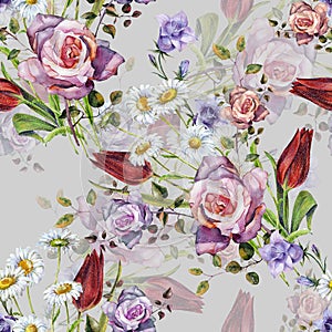 Watercolor delicate bouquet with shade . Hand painted flowers seamless pattern on a gray background.