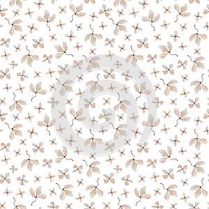Watercolor delicate floral seamless pattern of small beige flowers on white background for wedding designs, textile