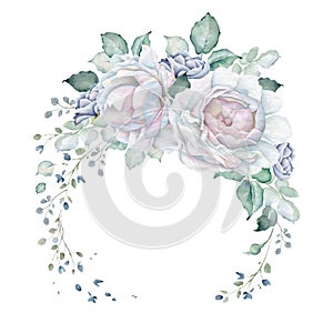 Watercolor Delicate Floral Wreath with White Roses