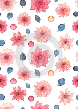 Watercolor Delicate Pink Flowers, Spots And Blue Leaves Seamless Texture