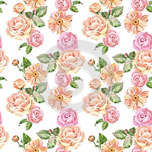 Watercolor delicate roses seamless pattern in vintage style. Pastel pink garden flowers on white background. Romantic print.