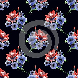 Watercolor delicate seamless pattern with red and blue summers flowers on black background.