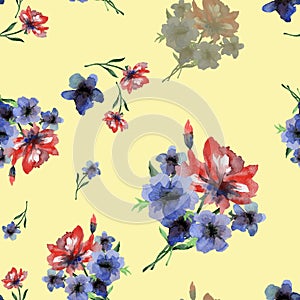 Watercolor delicate seamless pattern with red and blue summers flowers on yellow background.