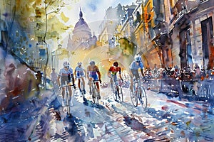 Watercolor depiction of cyclists racing through a vibrant city street