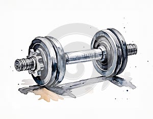 A watercolor depiction of a metallic dumbbell, with shadows and reflections adding depth. The white background highlights the