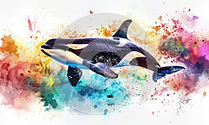 A watercolor depiction of an orca whale breaching the surface against a backdrop of vibrant ocean hues