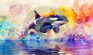 A watercolor depiction of an orca whale breaching the surface against a backdrop of vibrant ocean hues