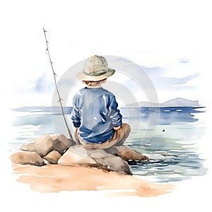 watercolor depiction of a young boy fishing by a serene lake on white background