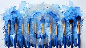 The watercolor depicts blue abstract ink strokes set on watercolor paper. The ink strokes are flat, flat kind of