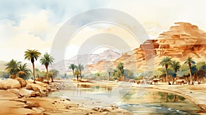 Watercolor Desert And River Duneli: Egyptian Iconography In 8k Resolution