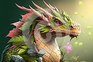 Watercolor Design Of A Fantasy Dragon Isolated On Green Gradient Background - Generative AI