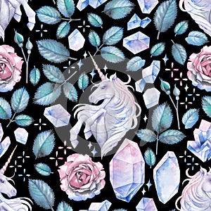 Watercolor design with unicorn and rose vignette