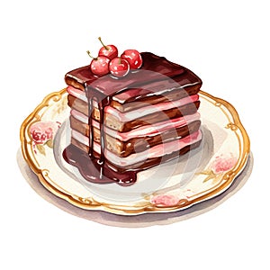 Watercolor dessert, piece delicious chocolate cake on plate. Hand drawn illustration isolated on white background