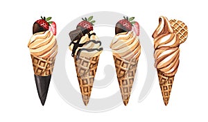 Watercolor dessert set, soft ice cream waffle cone with cookie and strawberry. Hand-drawn illustration isolated on white