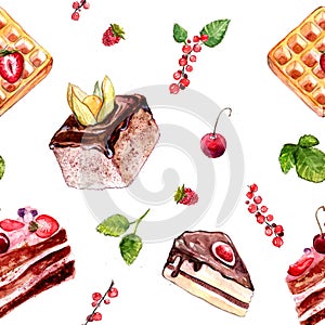 Watercolor desserts seamless pattern with cakes, red currant and cherries.