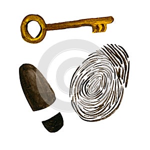 watercolor detective set fingerprint boot print and golden key