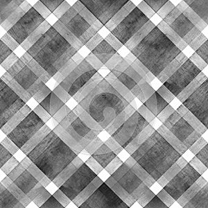 Watercolor diagonal stripe plaid seamless pattern. Black gray stripes on white background