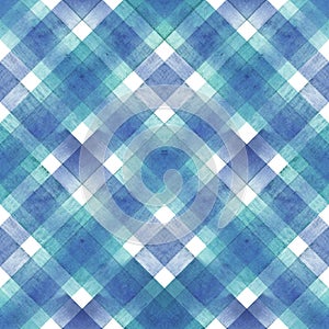 Watercolor diagonal stripe plaid seamless pattern. Blue and teal stripes on white background