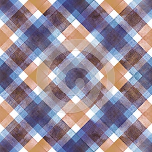 Watercolor diagonal stripe plaid seamless pattern. Colorful blue and brown background