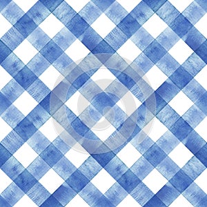 Watercolor diagonal stripe plaid seamless pattern. Indigo blue stripes on white background